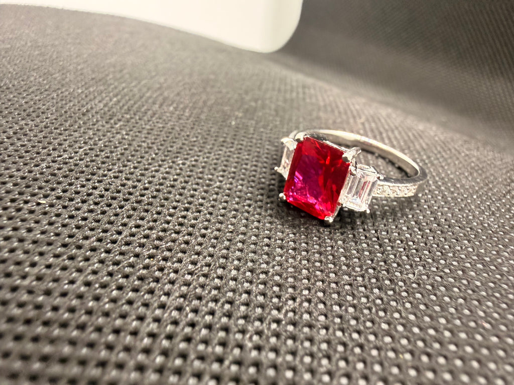 JTV 925 Rhodium Silver Lab Ruby 3-Stone Emerald Cut Ring 3.53 CTW Size 7