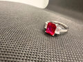 JTV 925 Rhodium Silver Lab Ruby 3-Stone Emerald Cut Ring 3.53 CTW Size 7