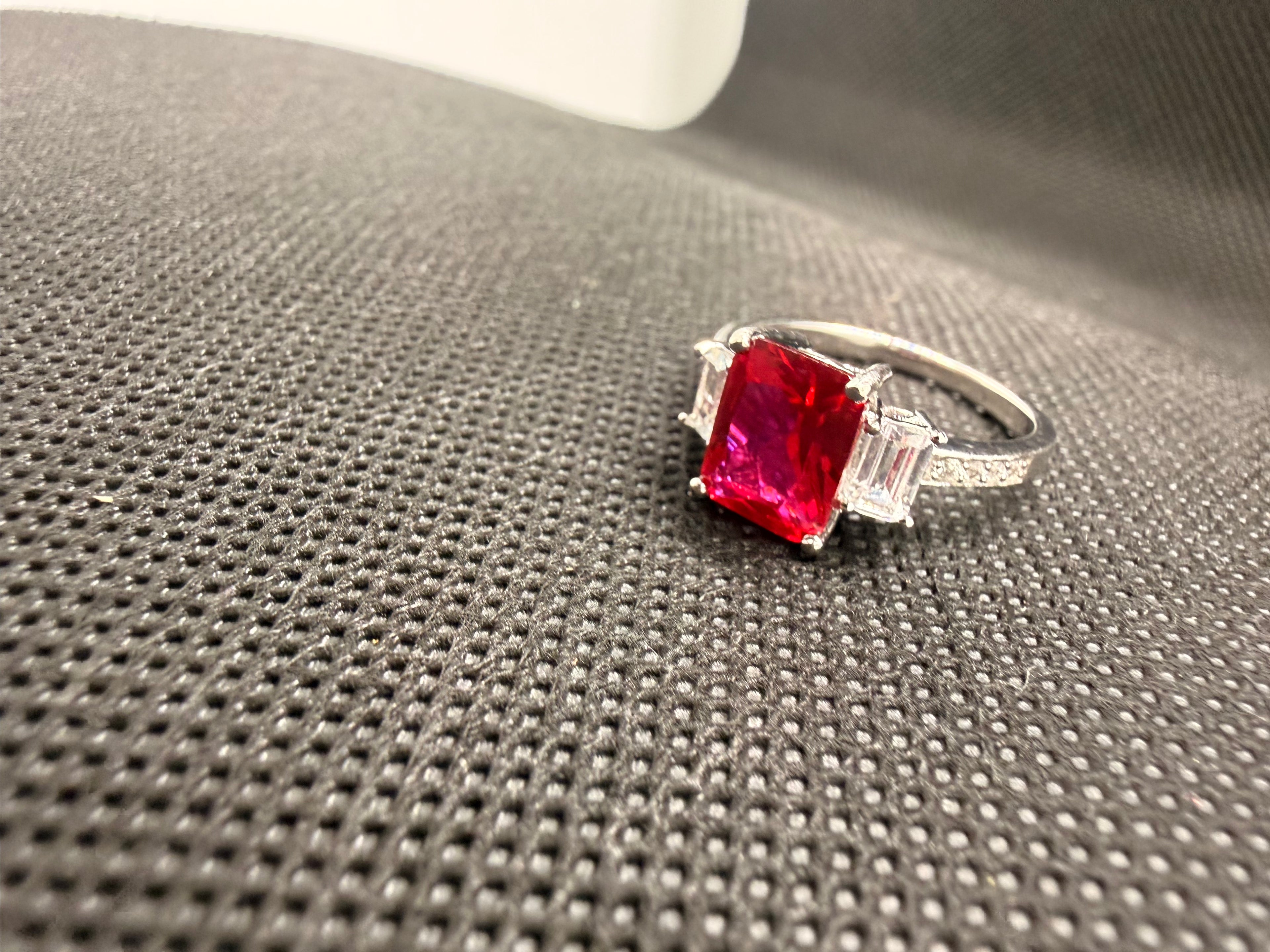 JTV 925 Rhodium Silver Lab Ruby 3-Stone Emerald Cut Ring 3.53 CTW Size 7