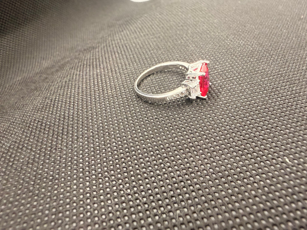 JTV 925 Rhodium Silver Lab Ruby 3-Stone Emerald Cut Ring 3.53 CTW Size 7