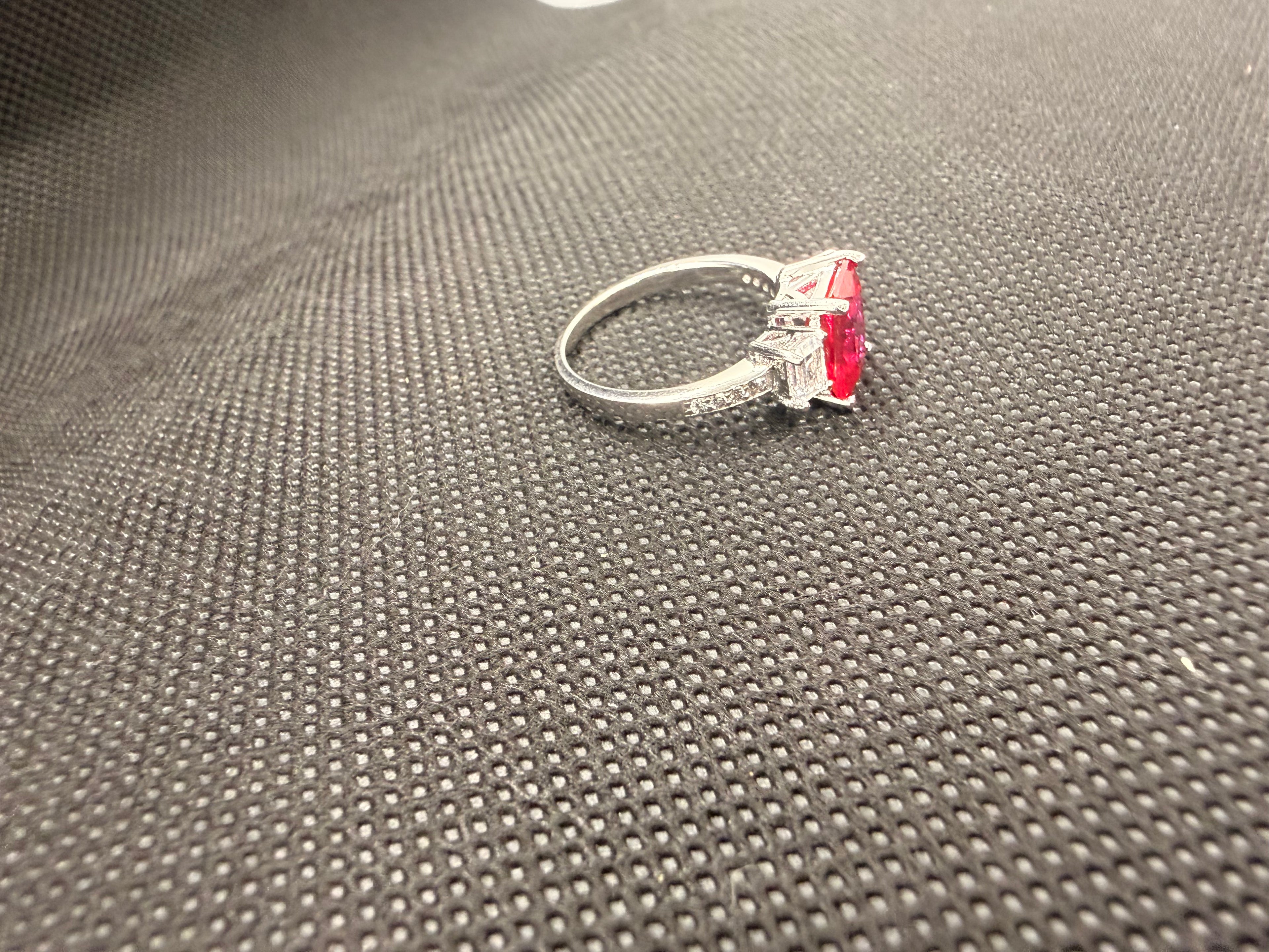 JTV 925 Rhodium Silver Lab Ruby 3-Stone Emerald Cut Ring 3.53 CTW Size 7