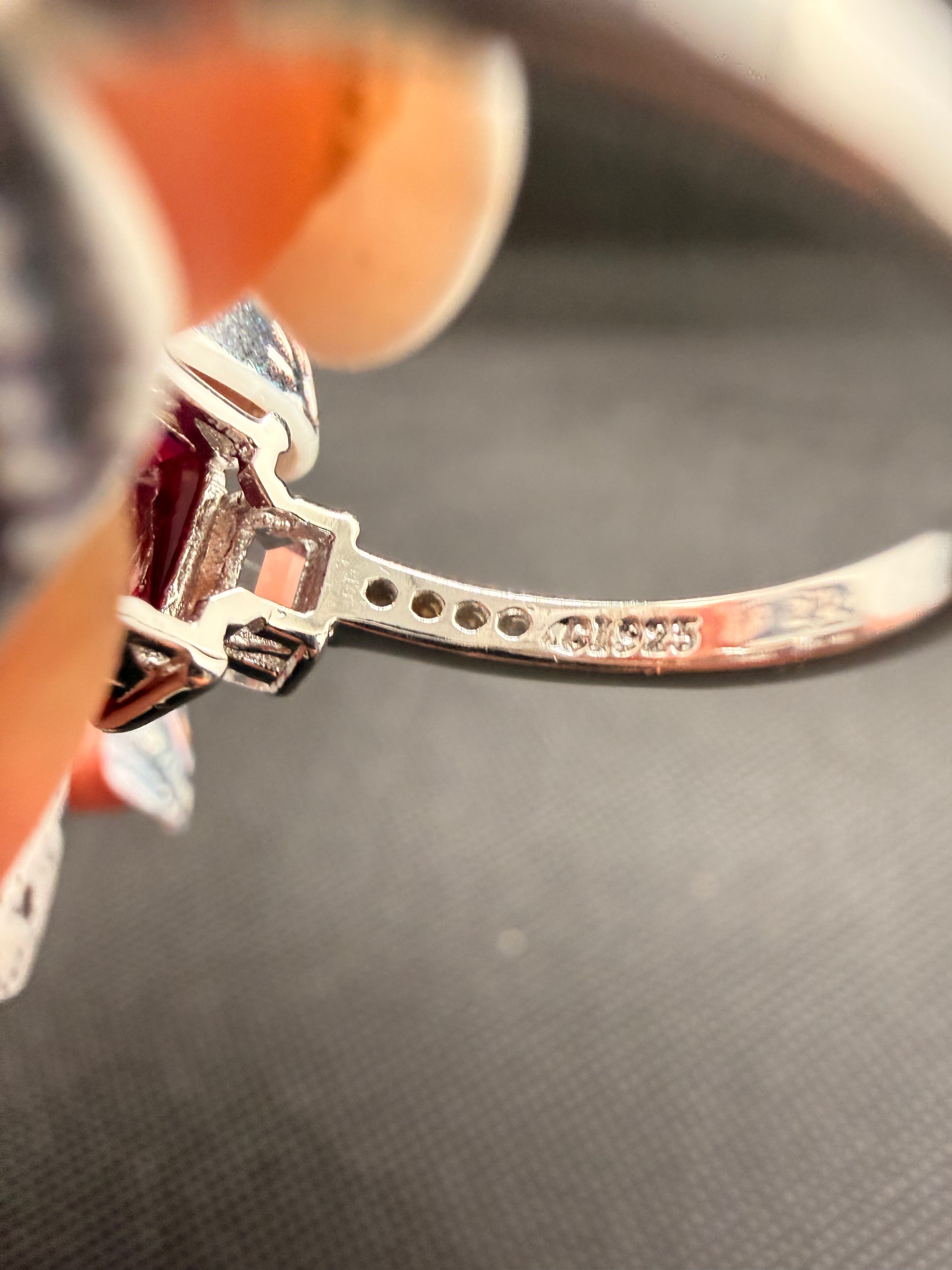 JTV 925 Rhodium Silver Lab Ruby 3-Stone Emerald Cut Ring 3.53 CTW Size 7