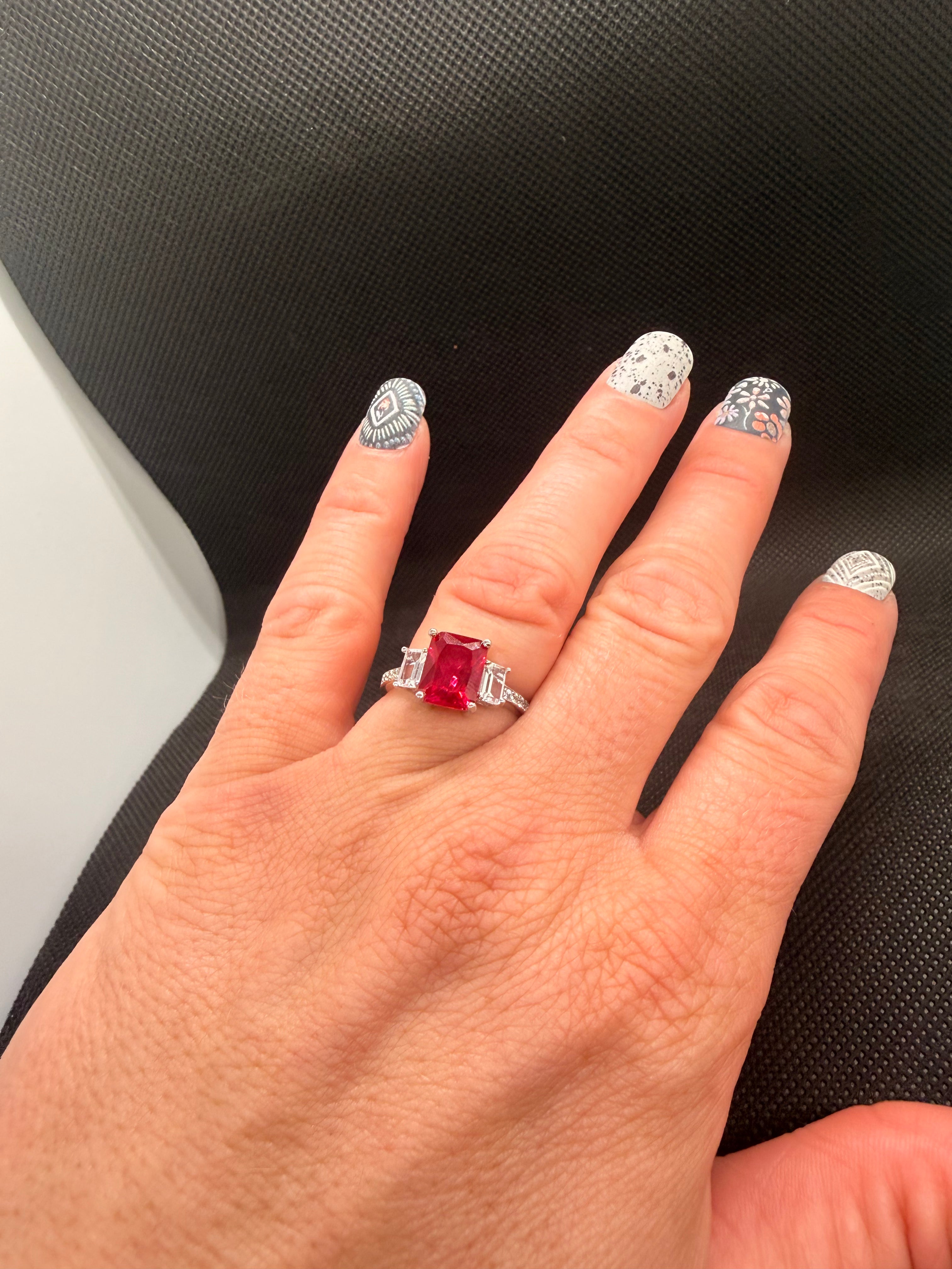 JTV 925 Rhodium Silver Lab Ruby 3-Stone Emerald Cut Ring 3.53 CTW Size 7