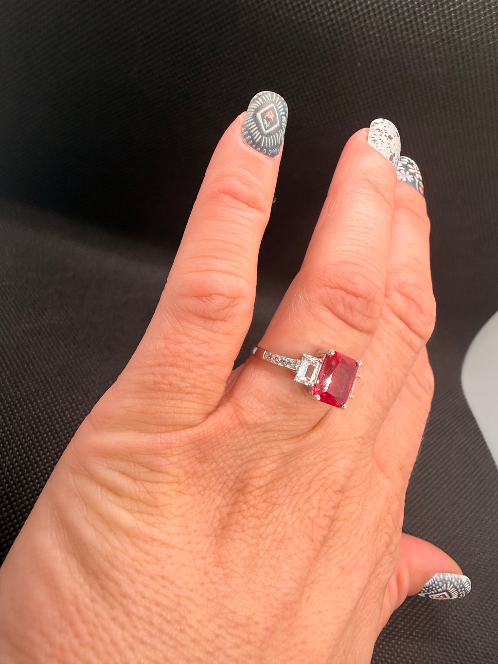 JTV 925 Rhodium Silver Lab Ruby 3-Stone Emerald Cut Ring 3.53 CTW Size 7