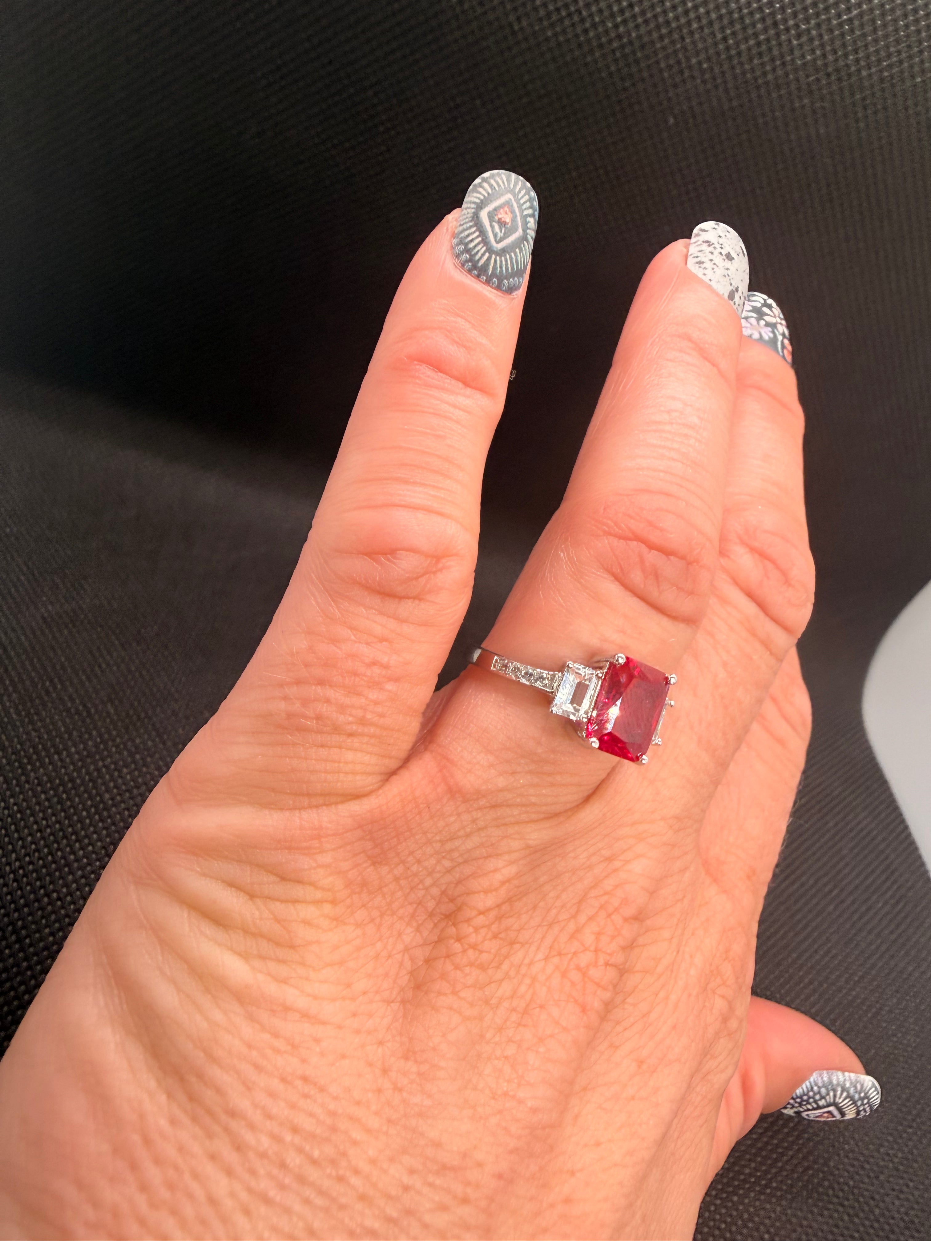 JTV 925 Rhodium Silver Lab Ruby 3-Stone Emerald Cut Ring 3.53 CTW Size 7