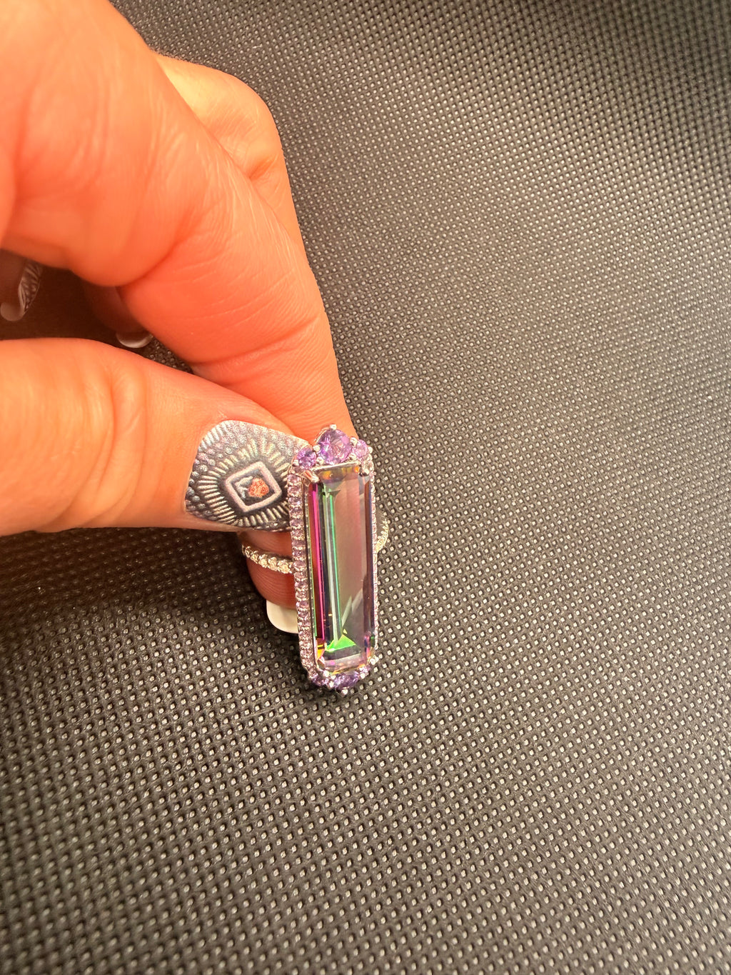 Watermelon Quartz Amethyst Halo Sterling Silver Cocktail Ring Size 7.5