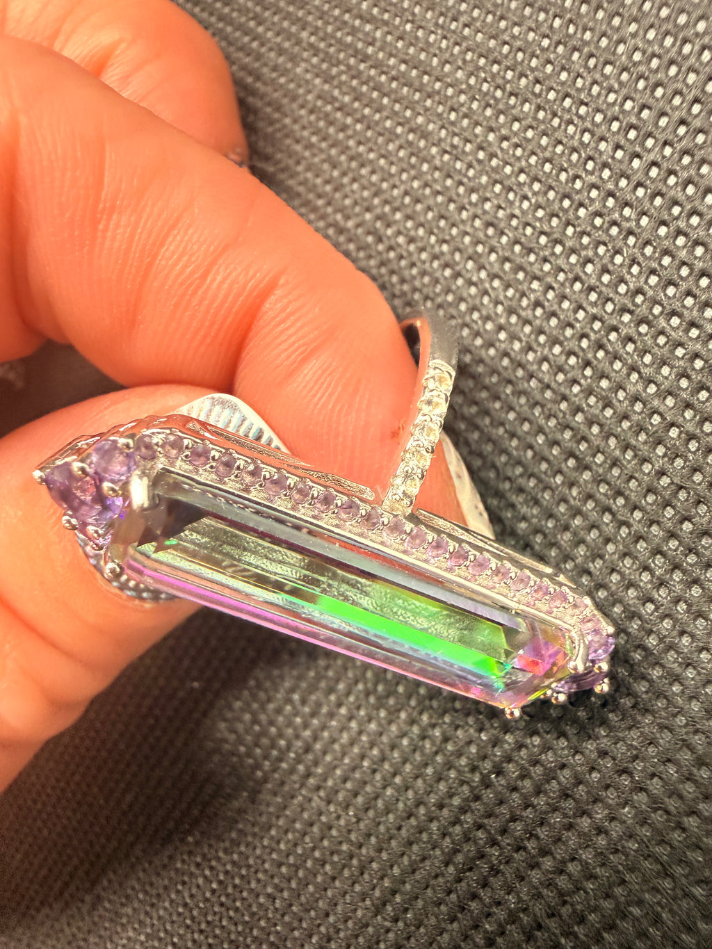 Watermelon Quartz Amethyst Halo Sterling Silver Cocktail Ring Size 7.5