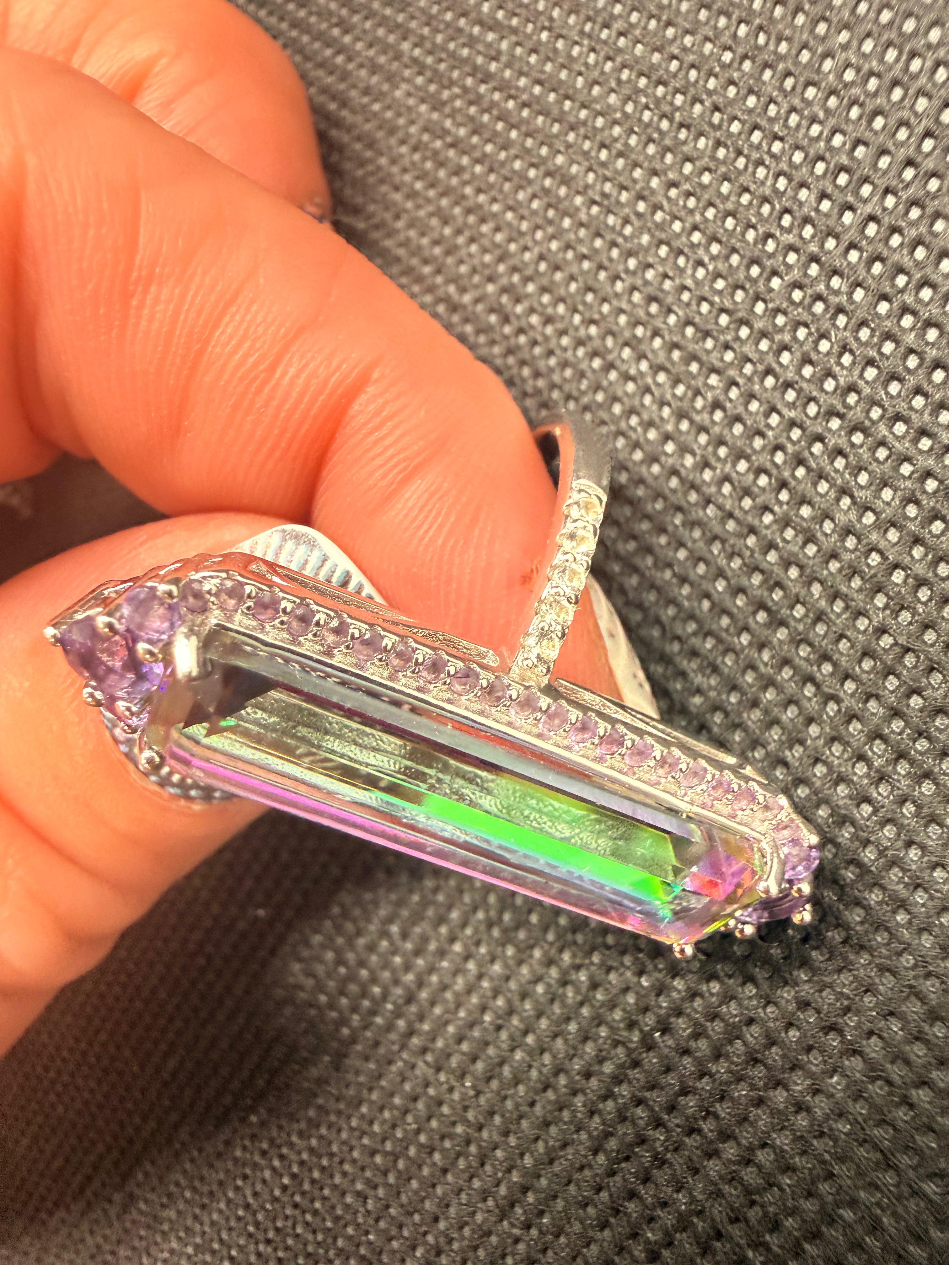 Watermelon Quartz Amethyst Halo Sterling Silver Cocktail Ring Size 7.5