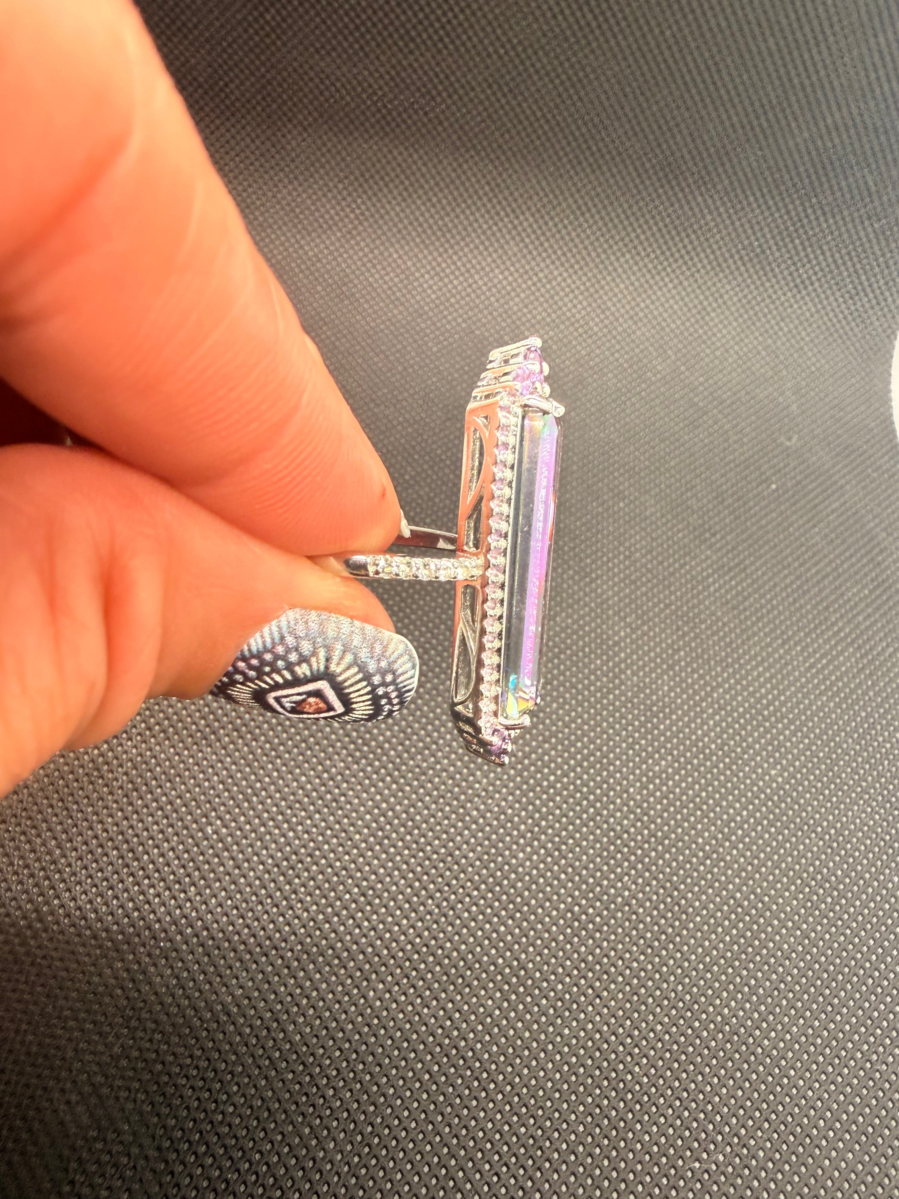 Watermelon Quartz Amethyst Halo Sterling Silver Cocktail Ring Size 7.5