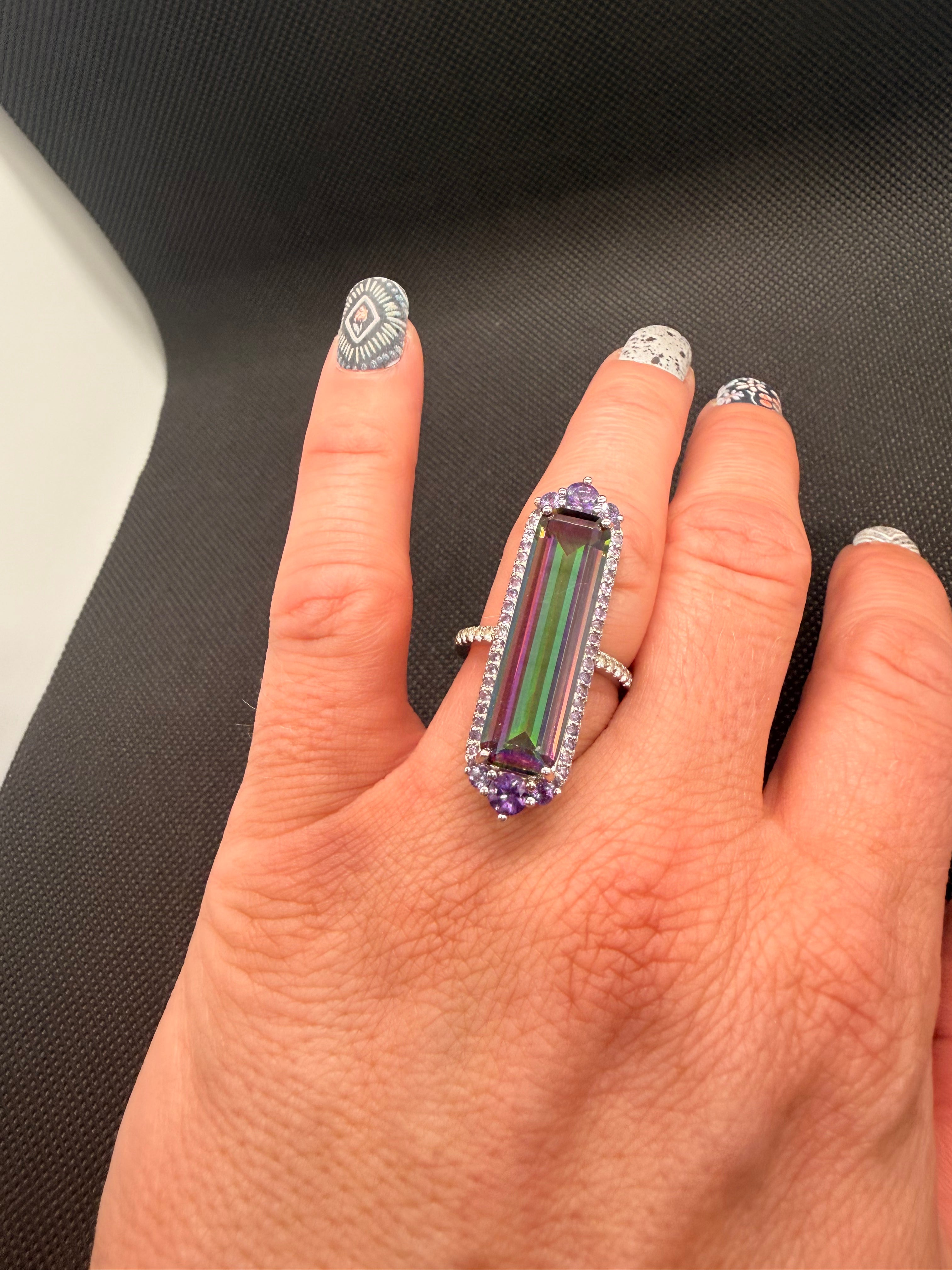 Watermelon Quartz Amethyst Halo Sterling Silver Cocktail Ring Size 7.5