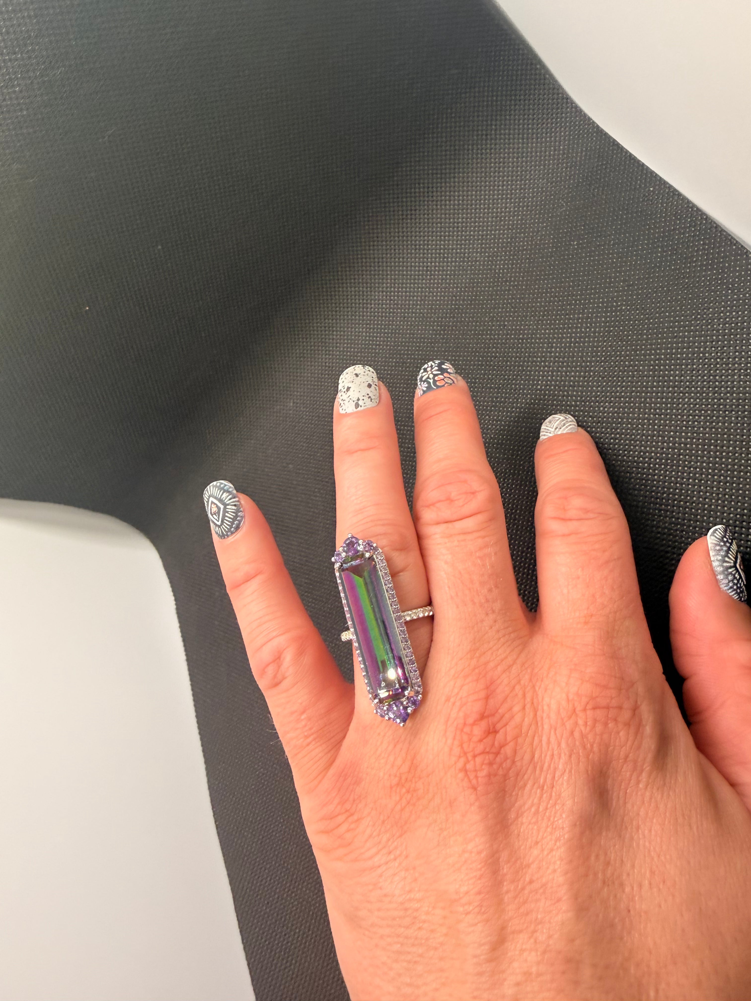 Watermelon Quartz Amethyst Halo Sterling Silver Cocktail Ring Size 7.5