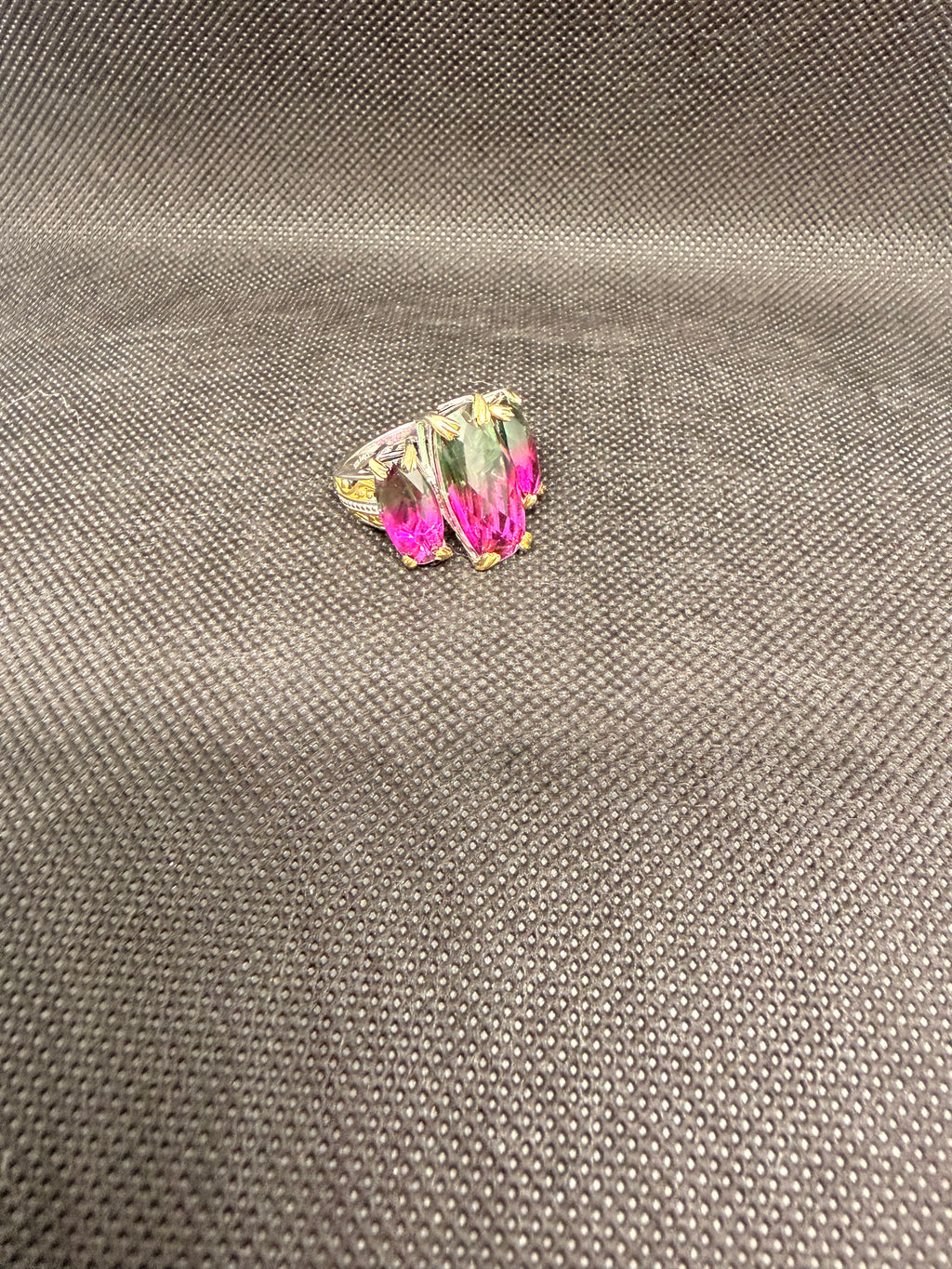 Triple Marquise Watermelon Quartz Two-Tone Sterling Silver Ring Size 7.5