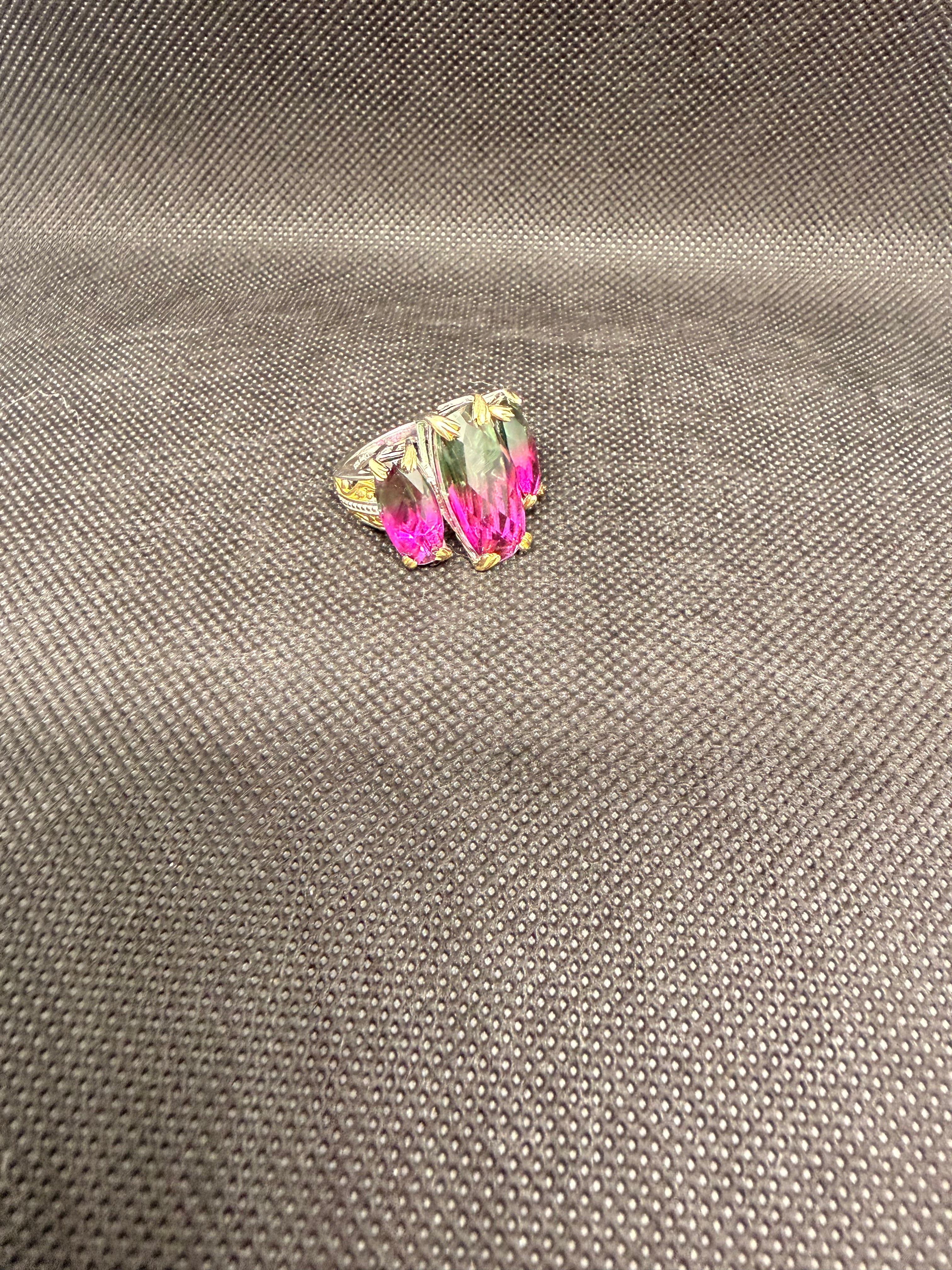 Triple Marquise Watermelon Quartz Two-Tone Sterling Silver Ring Size 7.5