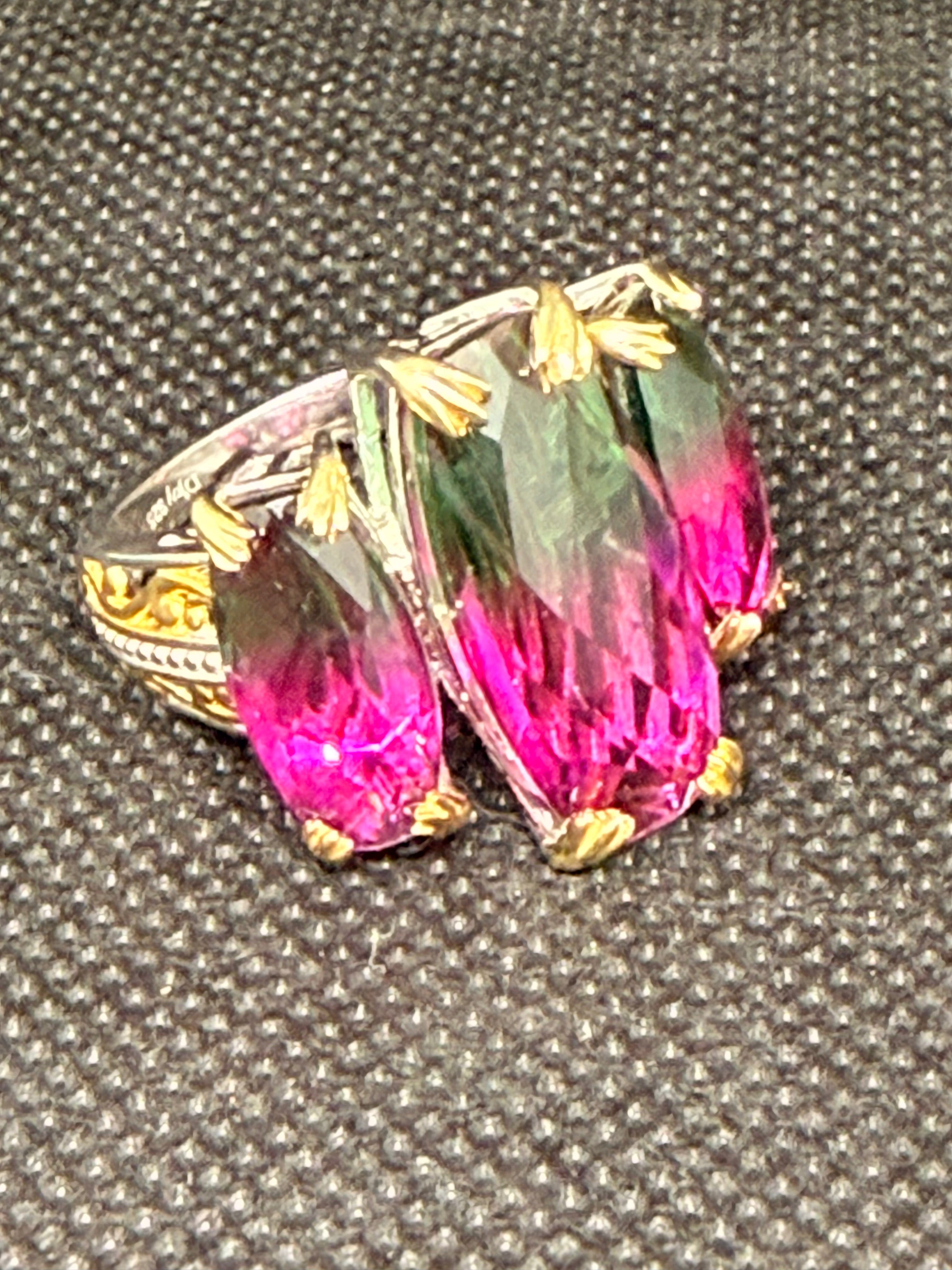 Triple Marquise Watermelon Quartz Two-Tone Sterling Silver Ring Size 7.5