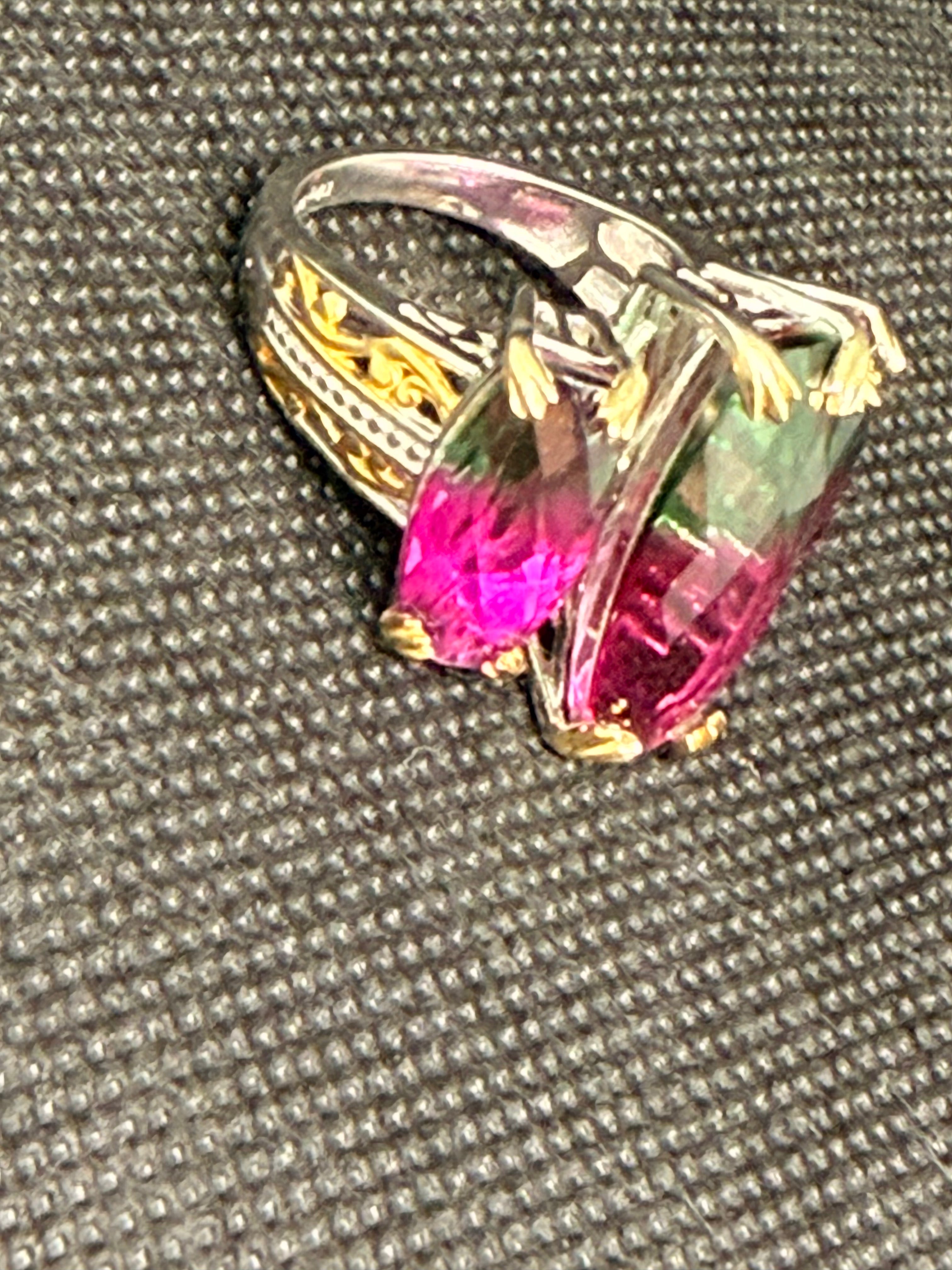 Triple Marquise Watermelon Quartz Two-Tone Sterling Silver Ring Size 7.5