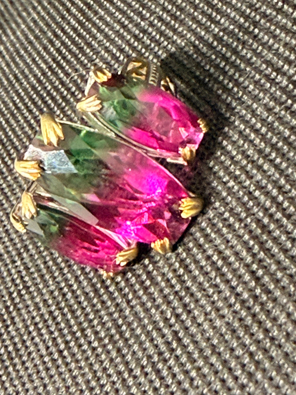 Triple Marquise Watermelon Quartz Two-Tone Sterling Silver Ring Size 7.5