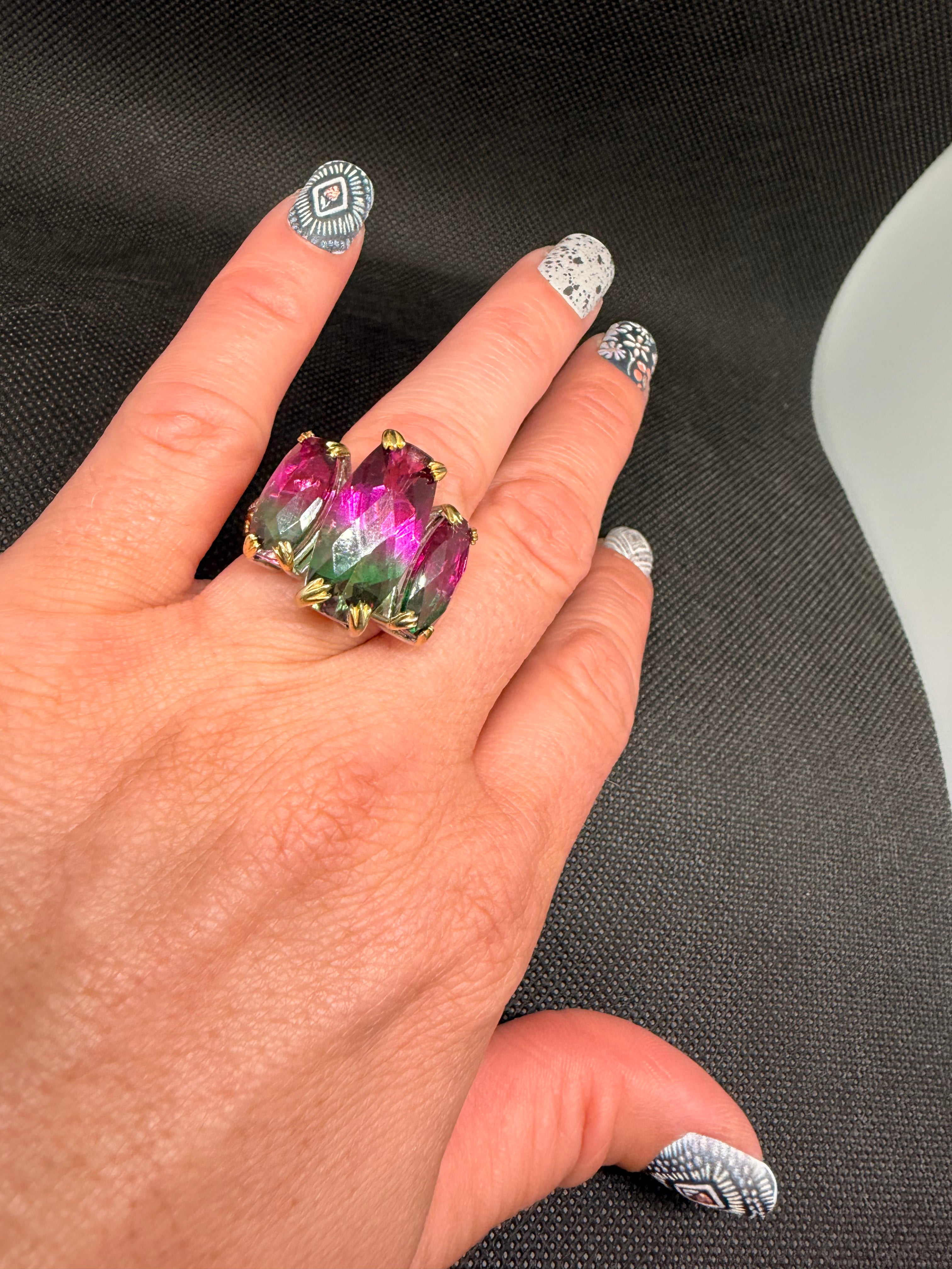 Triple Marquise Watermelon Quartz Two-Tone Sterling Silver Ring Size 7.5