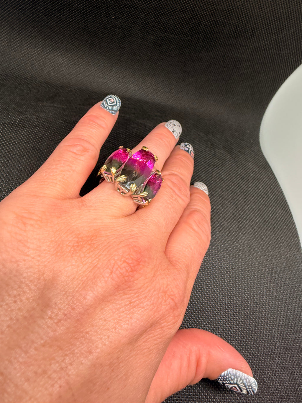 Triple Marquise Watermelon Quartz Two-Tone Sterling Silver Ring Size 7.5