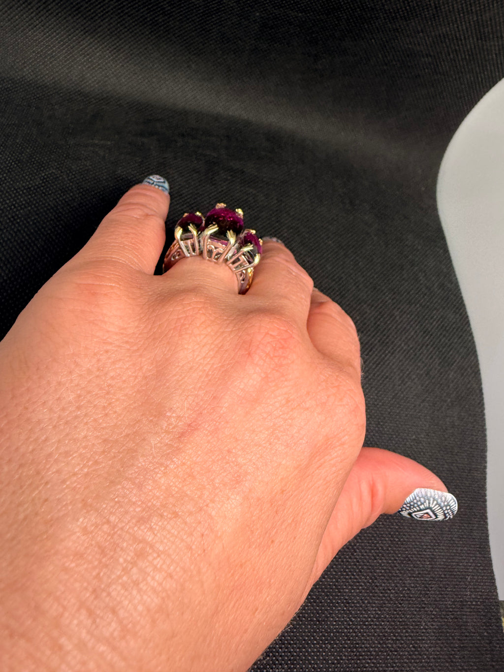 Triple Marquise Watermelon Quartz Two-Tone Sterling Silver Ring Size 7.5