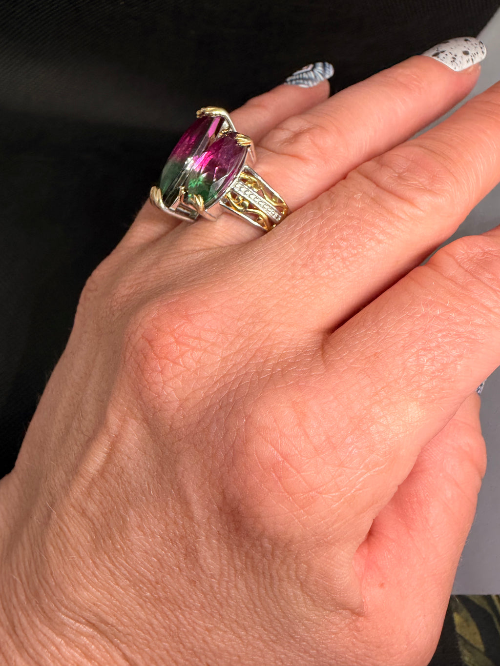 Triple Marquise Watermelon Quartz Two-Tone Sterling Silver Ring Size 7.5