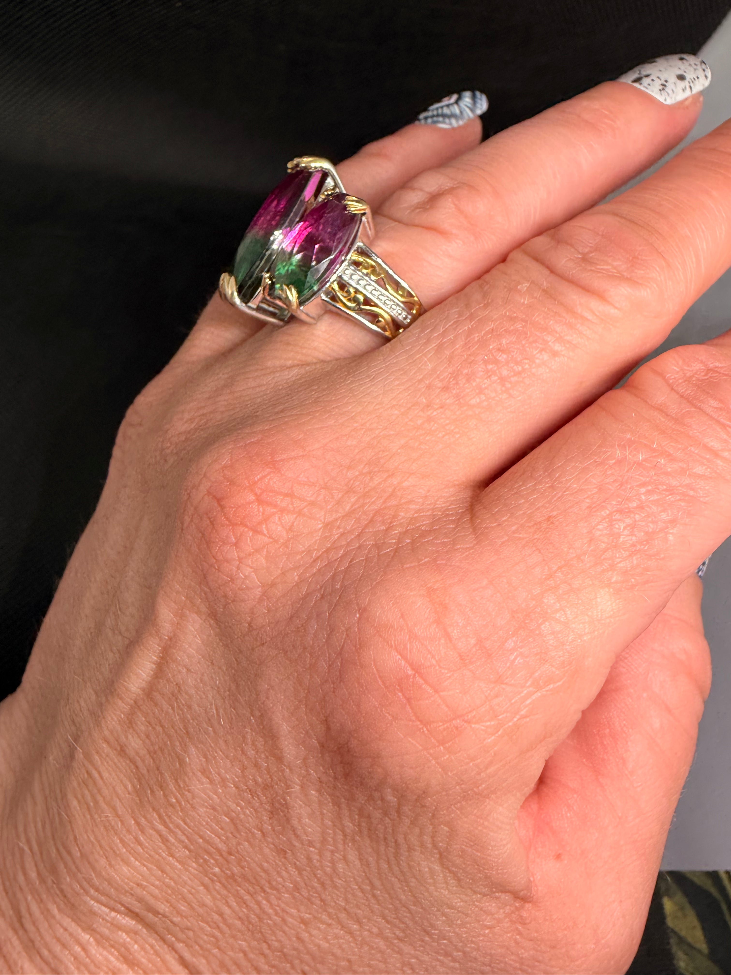 Triple Marquise Watermelon Quartz Two-Tone Sterling Silver Ring Size 7.5