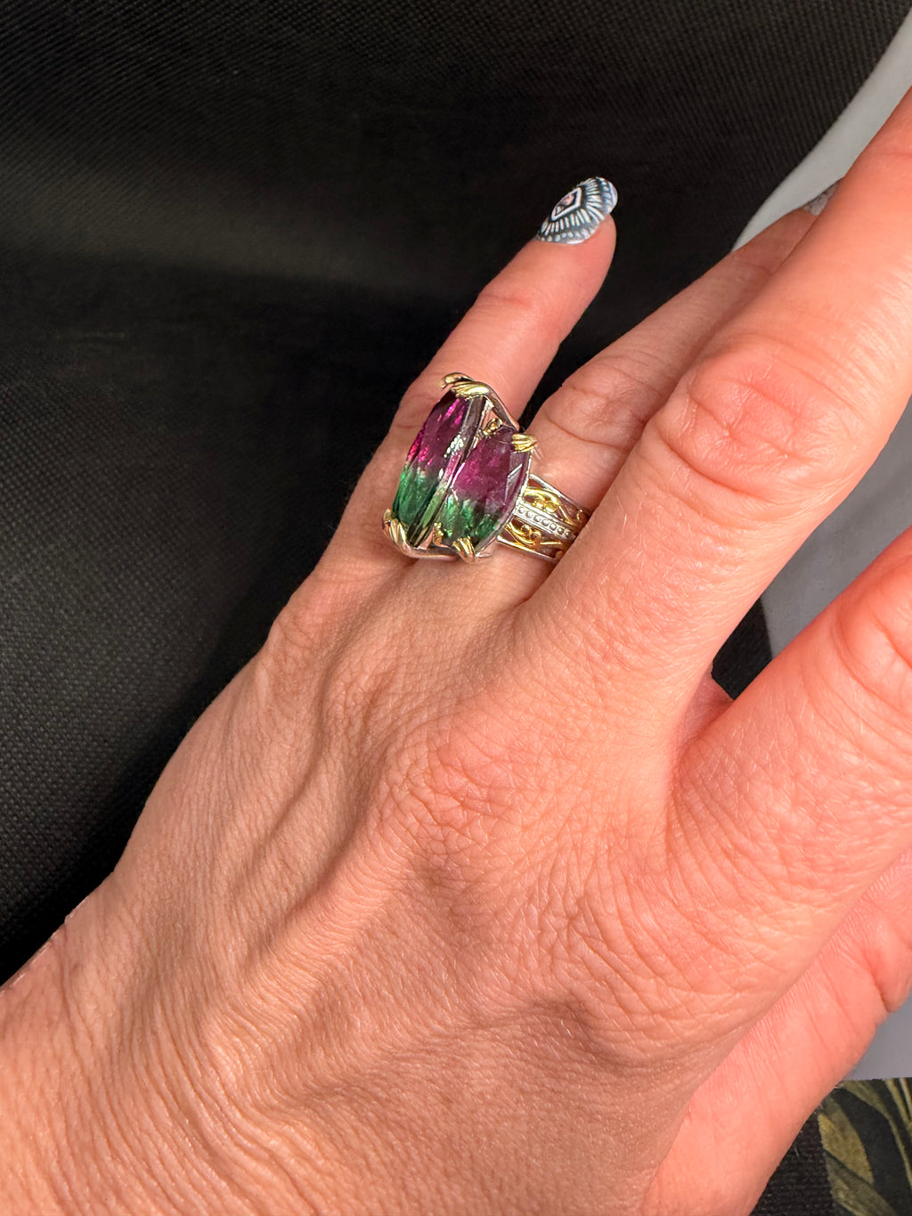 Triple Marquise Watermelon Quartz Two-Tone Sterling Silver Ring Size 7.5
